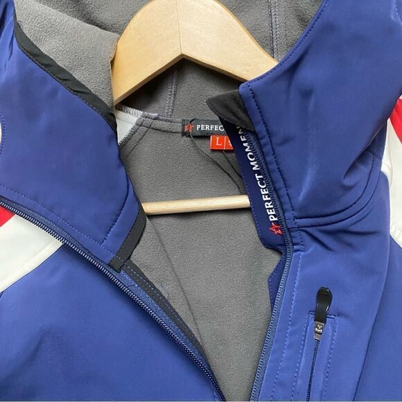 Women’s Perfect Moment Allos Ski Suit Navy Blue Red EUC Large Belted Ski Suit - Picture 4 of 13